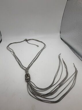 Silver Tone Multi Strand Knot Fringe Necklace 36” Long